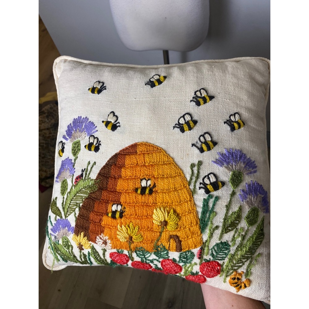 Vintage 70s Avon Crewel Embroidered Beehive Pillow Bumblebee Garden Cottagecore